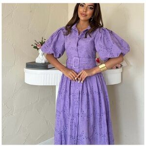 Puff-Sleeve Eyelet Midi Dress in Lavender with Belt